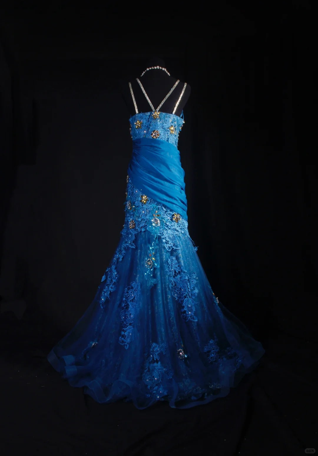 Robe de soirée vintage en satin et dentelle, bleu fantaisie, exquise, avec perles florales, nv5211