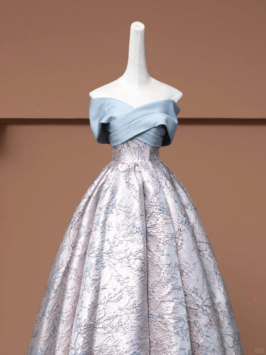 Blue Floral Elegant Fashion Long Satin Prom Dress Evening Dress Party Dress nv4743