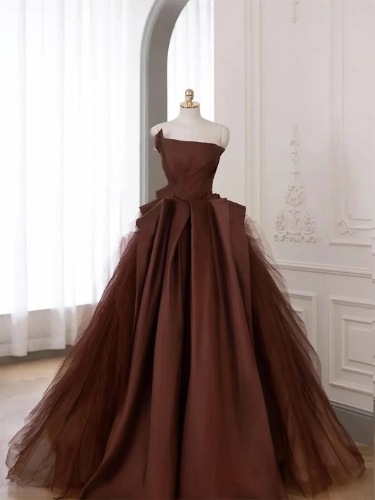 Caramel Color Simple Elegant Long Satin Tulle Ball Gown Evening Gown Birthday Gown Wedding Gown nv4157
