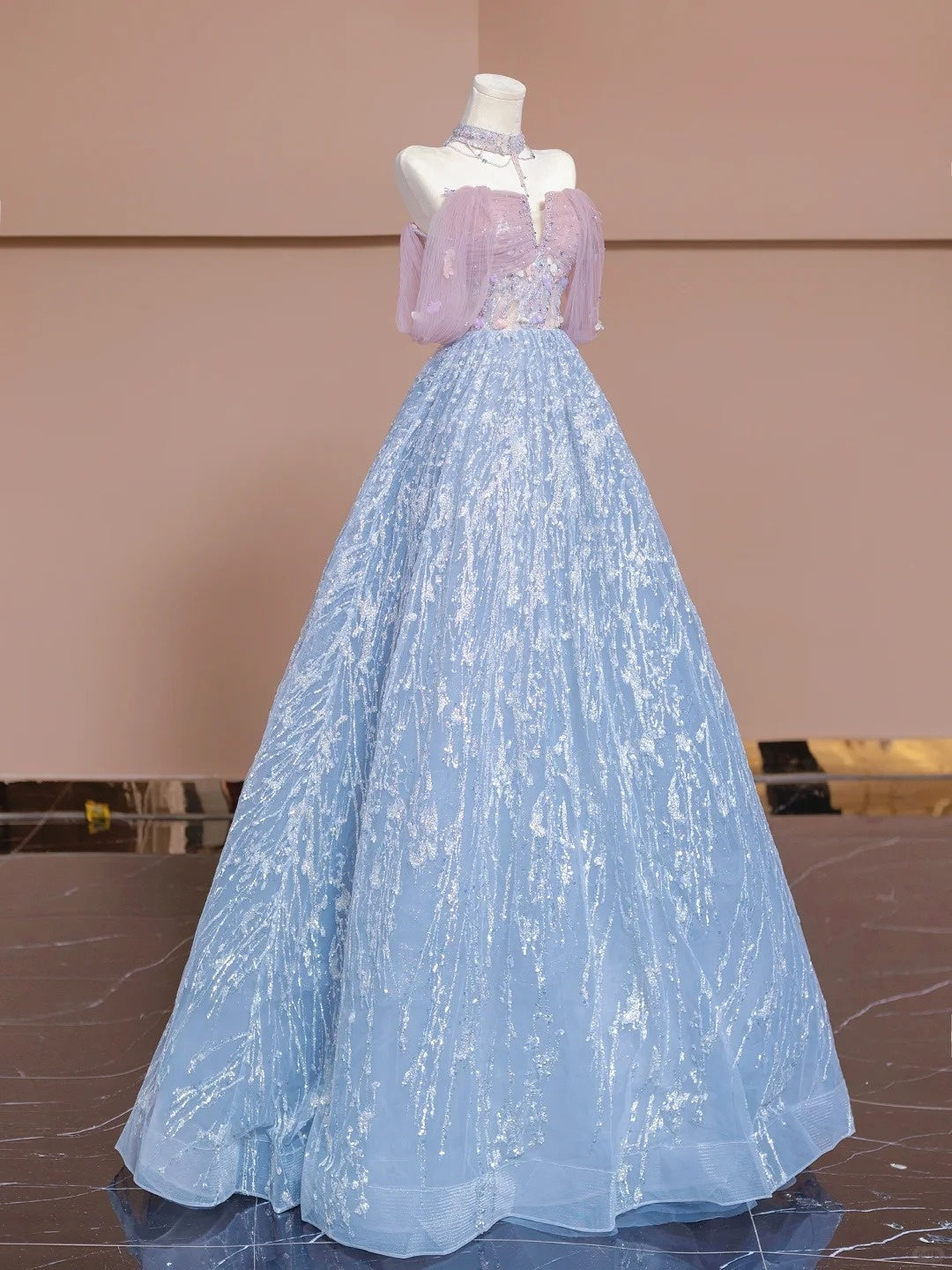 Pink Blue Beaded Long Tulle Floor Length Ball Gown Evening Dress nv5052