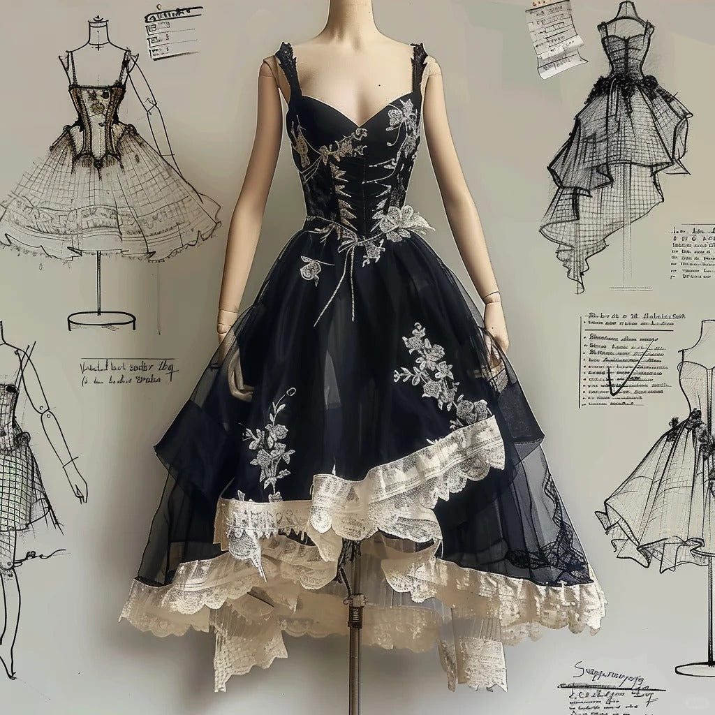 Black and white floral long tulle homecoming dress multi-layered ruffle fairy birthday party dress princess ball gown evening dress nv4548