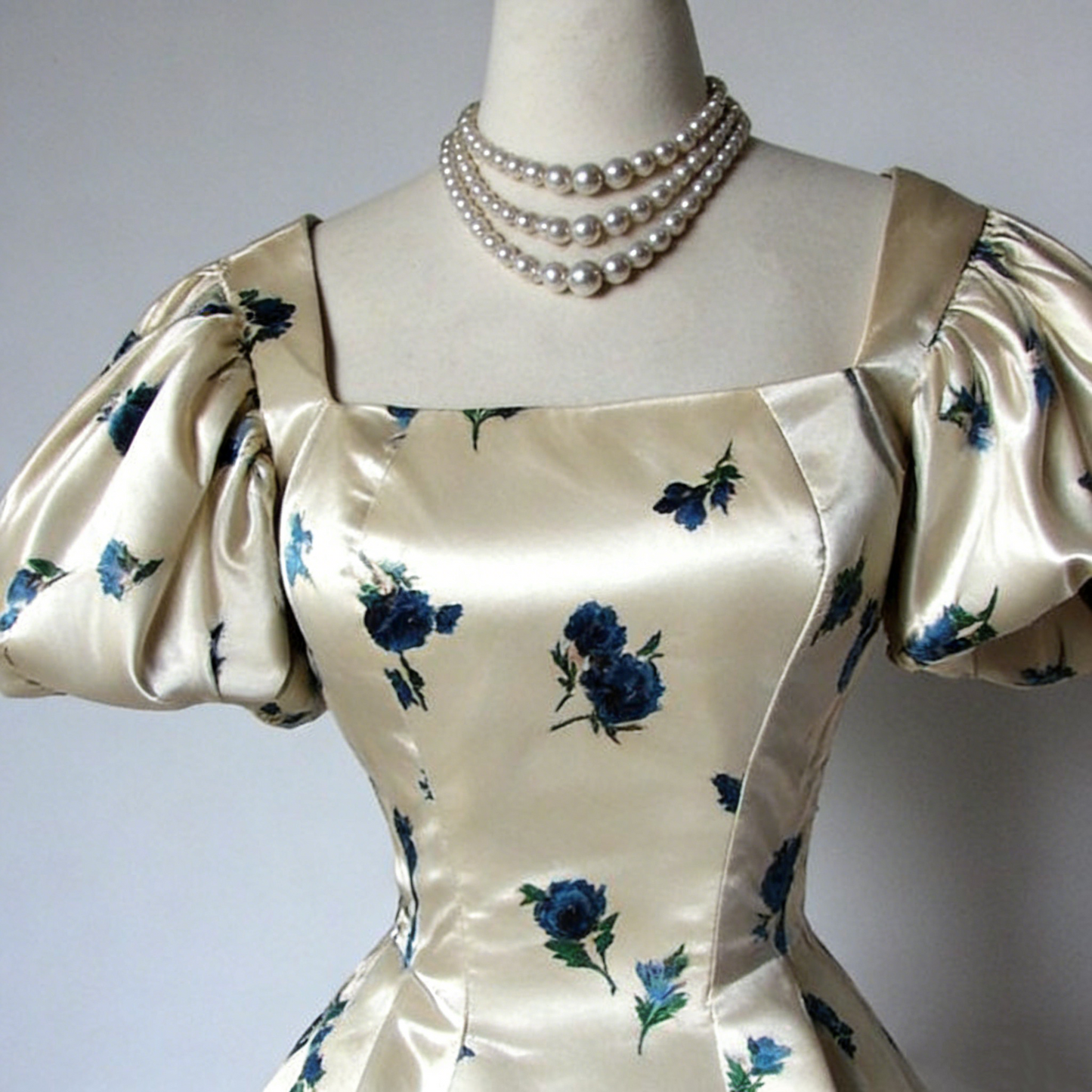 Satin Blue Floral Puff Sleeve Gown - Square Neck Corset Full Skirt Retro Party/Date/Light Evening Midi Dress NV6804