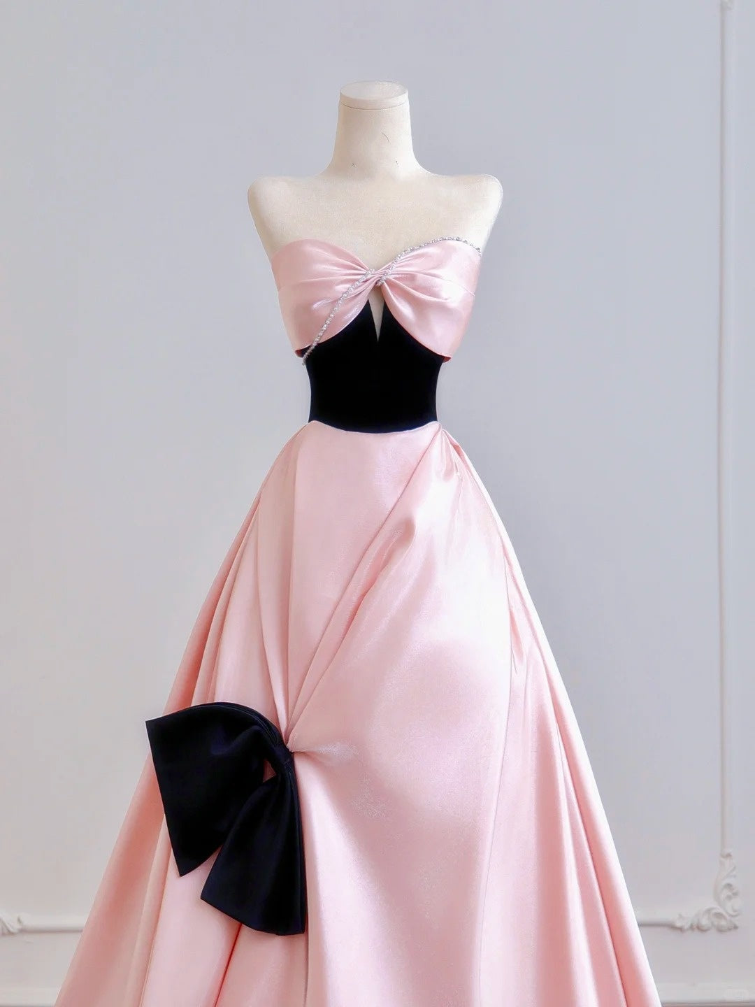 Pink Bow Long Satin Ball Gown Evening Dress nv4943