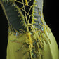 NiceVestidos--Dreamy Handmade Beaded Niche Forest Fairy Tale Nature Art Glam Yellow Green Chiffon Beaded Halter Neck Fitted Long Prom Dress NV5793
