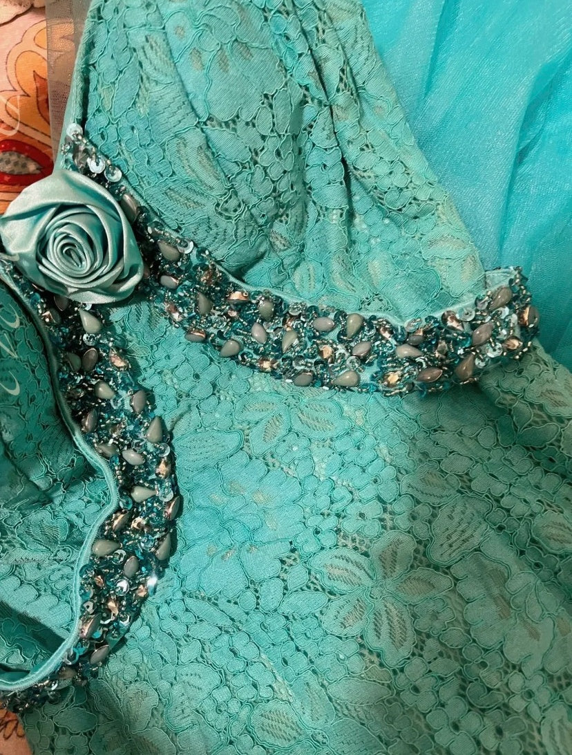 Blue Beaded Beautiful Mermaid Long Lace Tulle Ball Gown Evening Gown Party Dress nv4324