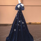 Blue Exquisite Star Beaded Long Velvet Prom Dress Ball Gown Evening Gown Party Gown nv4732