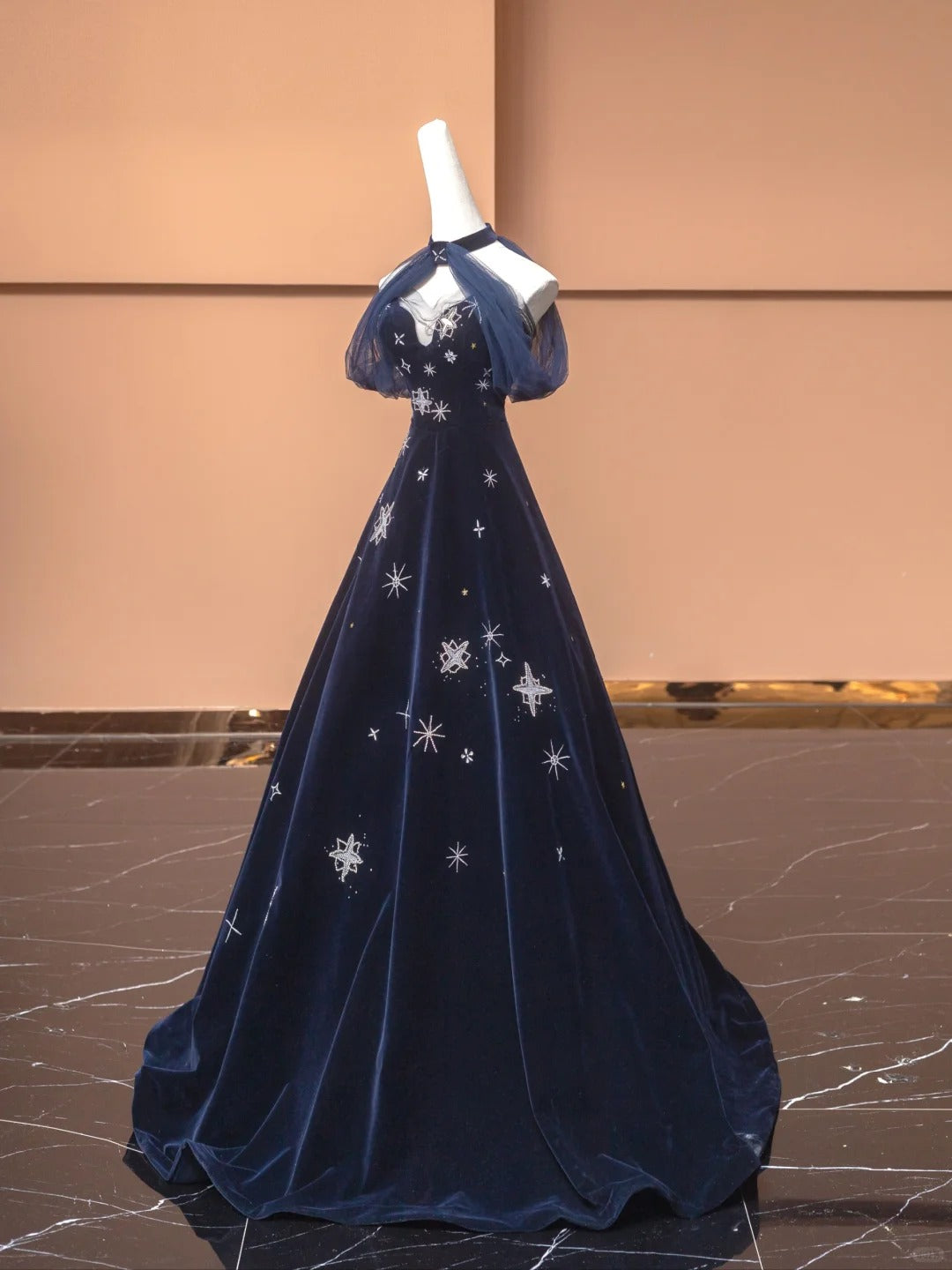 Blue Exquisite Star Beaded Long Velvet Prom Dress Ball Gown Evening Gown Party Gown nv4732