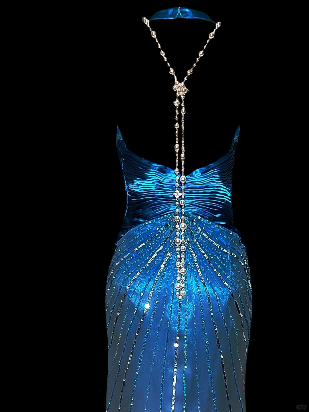 Blue shiny luxury gorgeous vintage elegant exquisite beaded backless long mermaid floor length trailing satin ball gown evening dress party dress prom dress nv3966