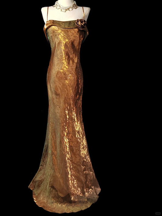 Goldgrünes, wunderschönes, modisches, elegantes, dunkles Muster, lange Spaghettiträger aus Satin mit Meerjungfrauenschwanz, Ballkleid, Abendkleid, Geburtstagspartykleid, Ballkleid, NV3968
