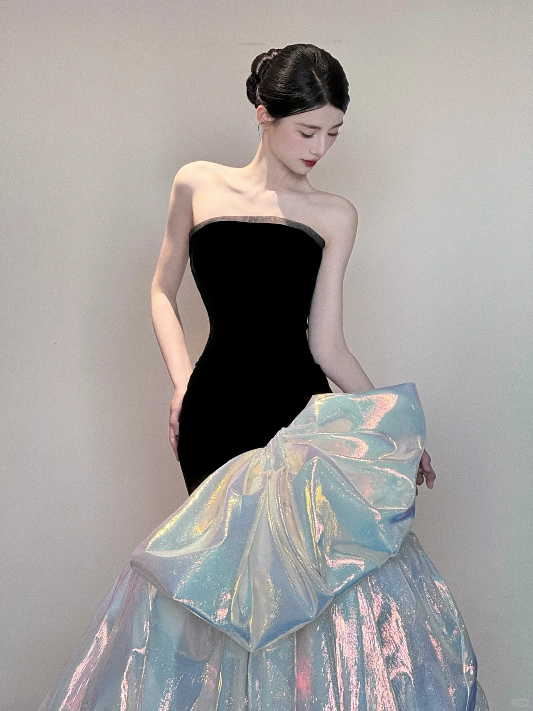 Black shiny gorgeous elegant satin long mermaid floor length ball gown evening dress nv4055