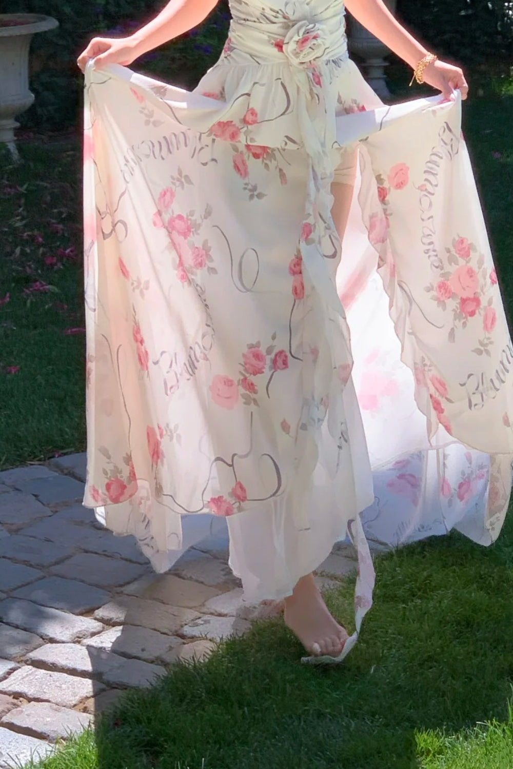 French Garden Rose Print Halter Gown: Backless Maxi, Resort Fairy Dress NV6403