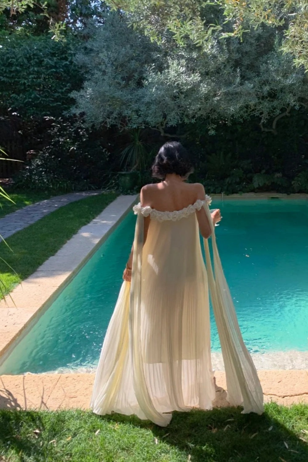 French 3D Flower Off-the-shoulder Gown: Pleated Chiffon, Backless Sash, Fairy Hot Spring Resort Dress NV6402