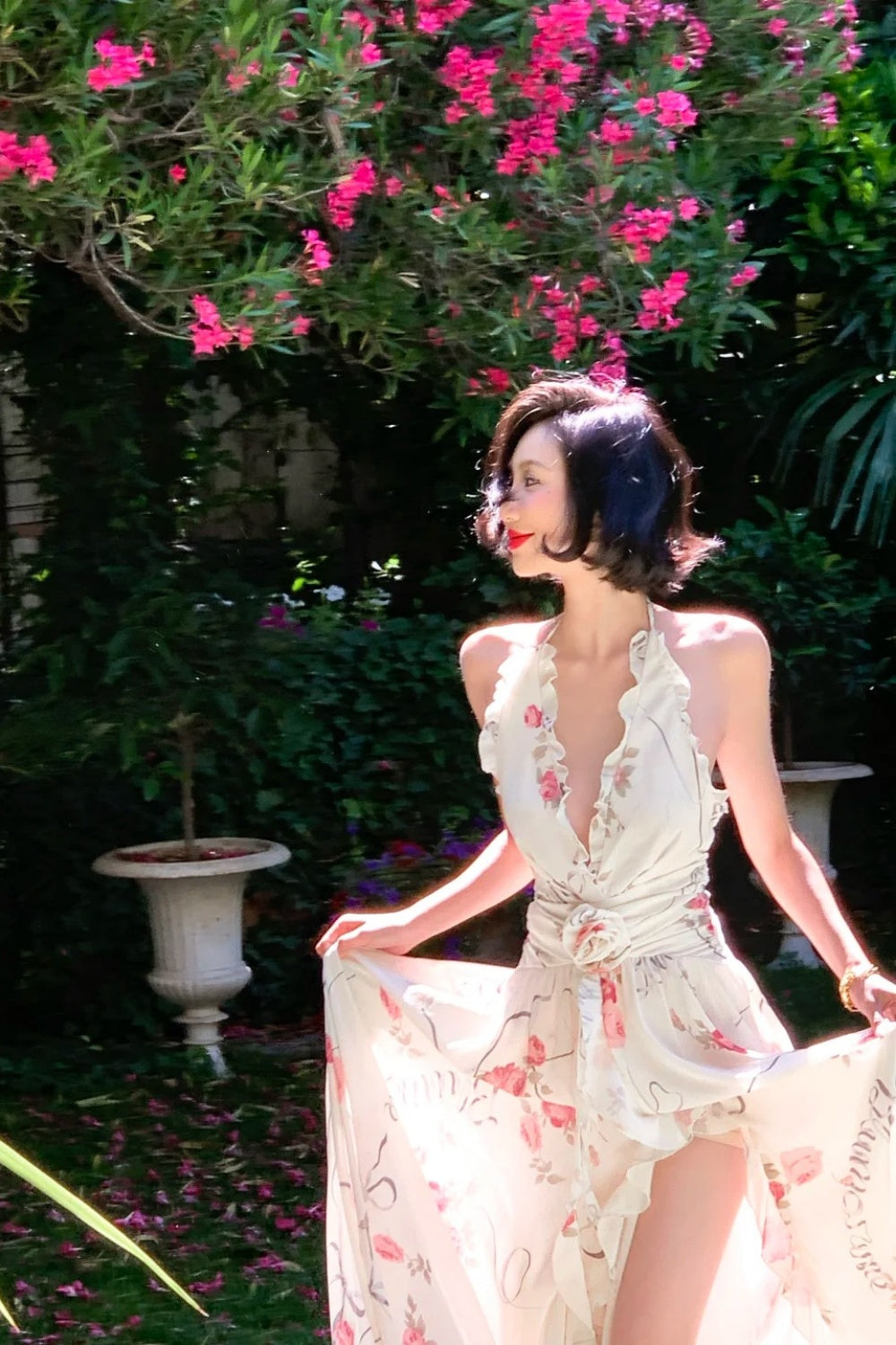 French Garden Rose Print Halter Gown: Backless Maxi, Resort Fairy Dress NV6403