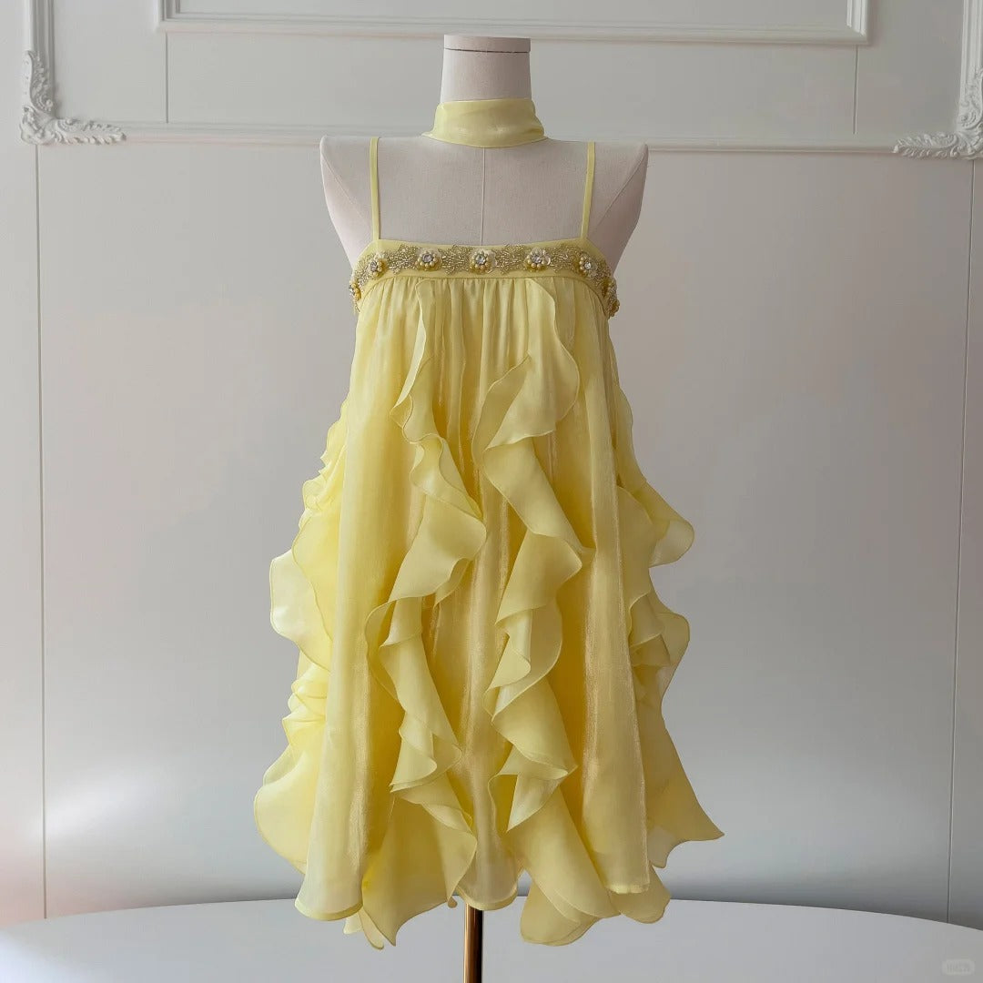 Yellow long/short chiffon tulle homecoming dress prom dress birthday party dress two piece suit nv4670