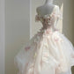 NiceVestidos--Floral Fairy Style：Pink - White 3D Floral Studded Tulle Off - Shoulder Floor - Length Wedding Dress NV5815