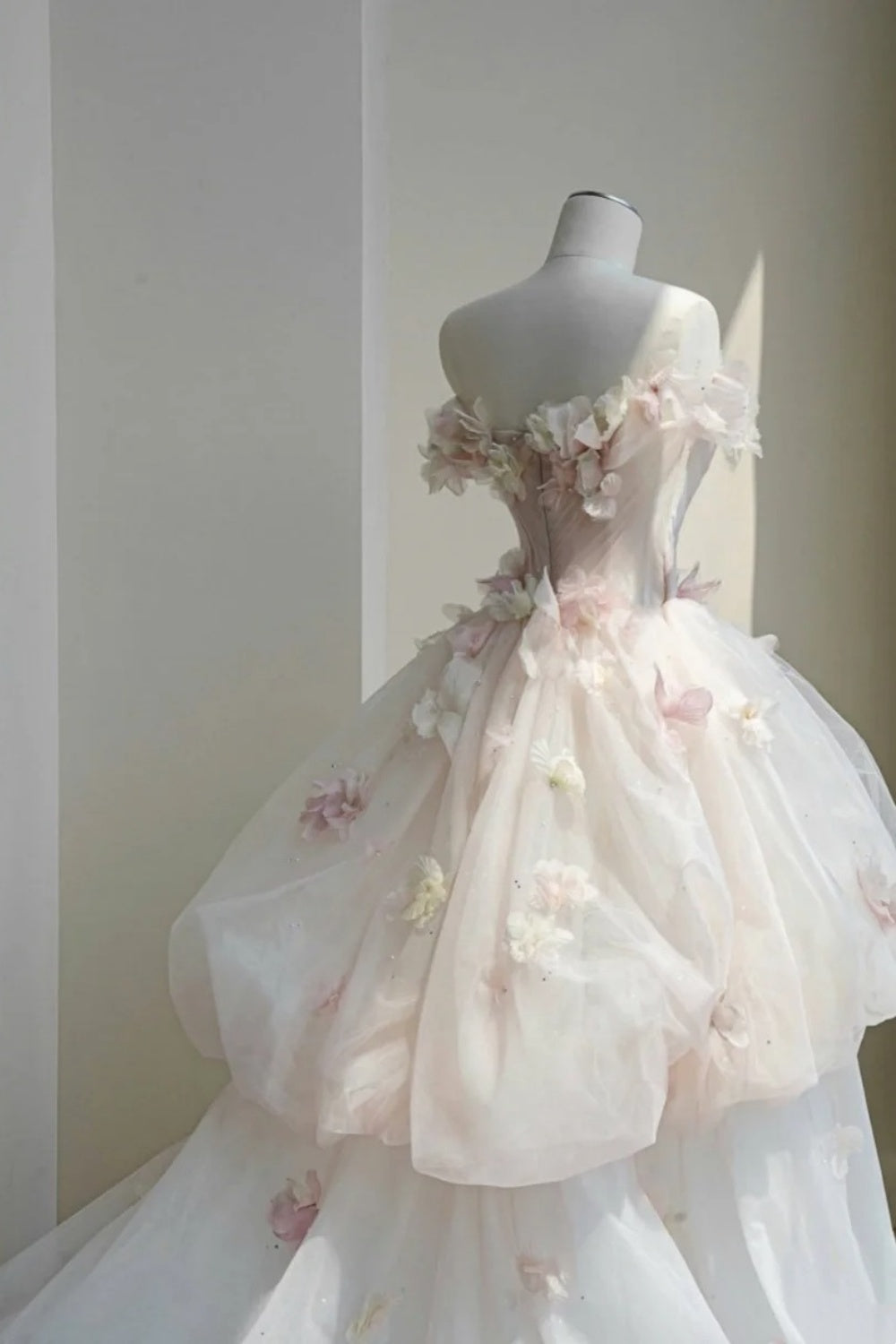 NiceVestidos--Floral Fairy Style：Pink - White 3D Floral Studded Tulle Off - Shoulder Floor - Length Wedding Dress NV5815