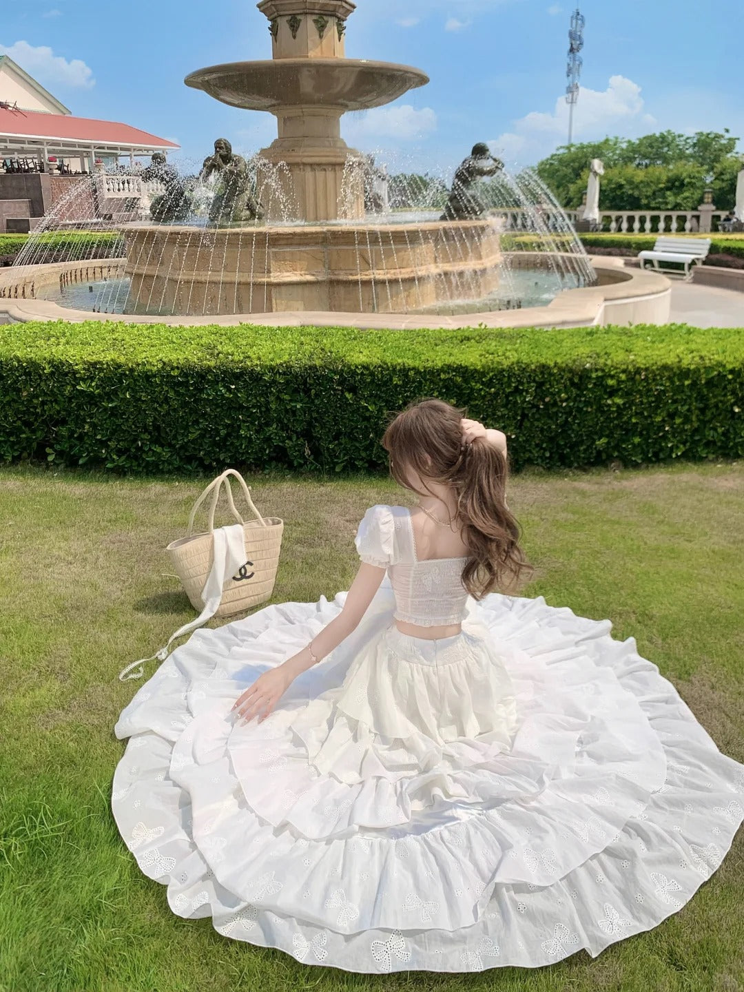 White sweet long chiffon homecoming dress birthday party dress two piece suit nv4939