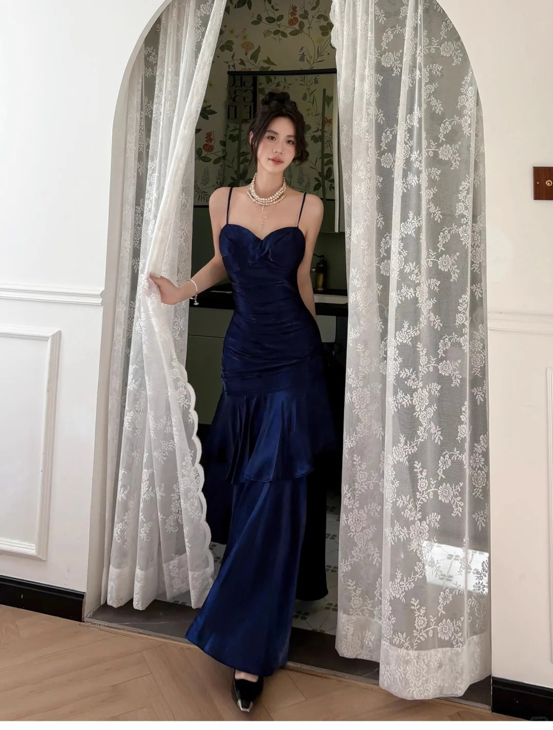 Robe de soirée sirène bleue à volants, tenue de soirée légère et luxueuse, idéale pour les petites personnes, nv4543