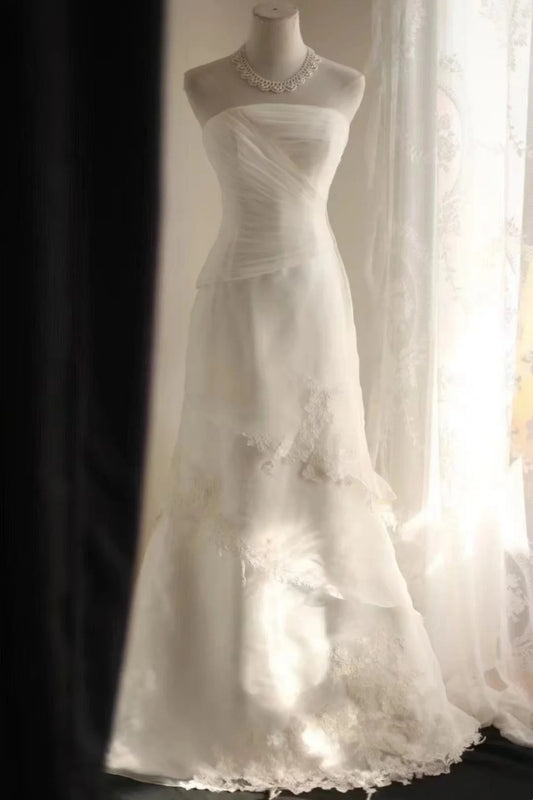 Minimalist White Strapless Bridal Dress, Lace Layered Mermaid Wedding Gown  NV6883