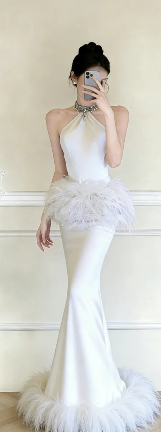 Long style new white fluffy evening gown NV6716