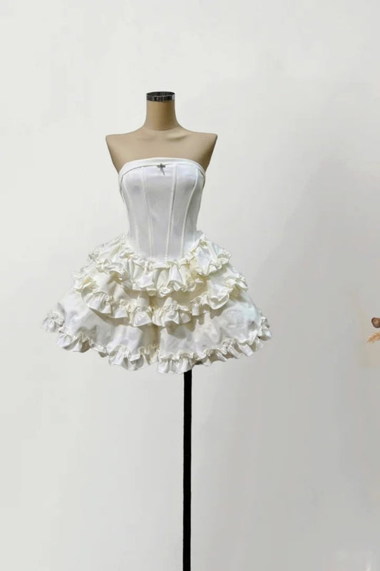 Ivory White Fashion Pleated Short Satin Homecoming Dress Birthday Party Dress nv5263