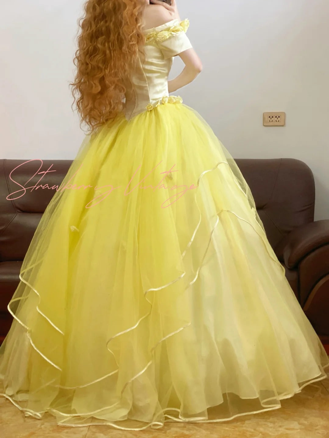 Yellow vintage elegant tulle long princess ball gown evening dress nv5003