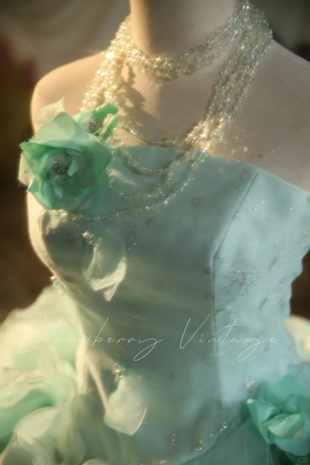 Mintgrünes, langes Vintage-Ballkleid aus Tüll mit Blumenmuster, nv5037