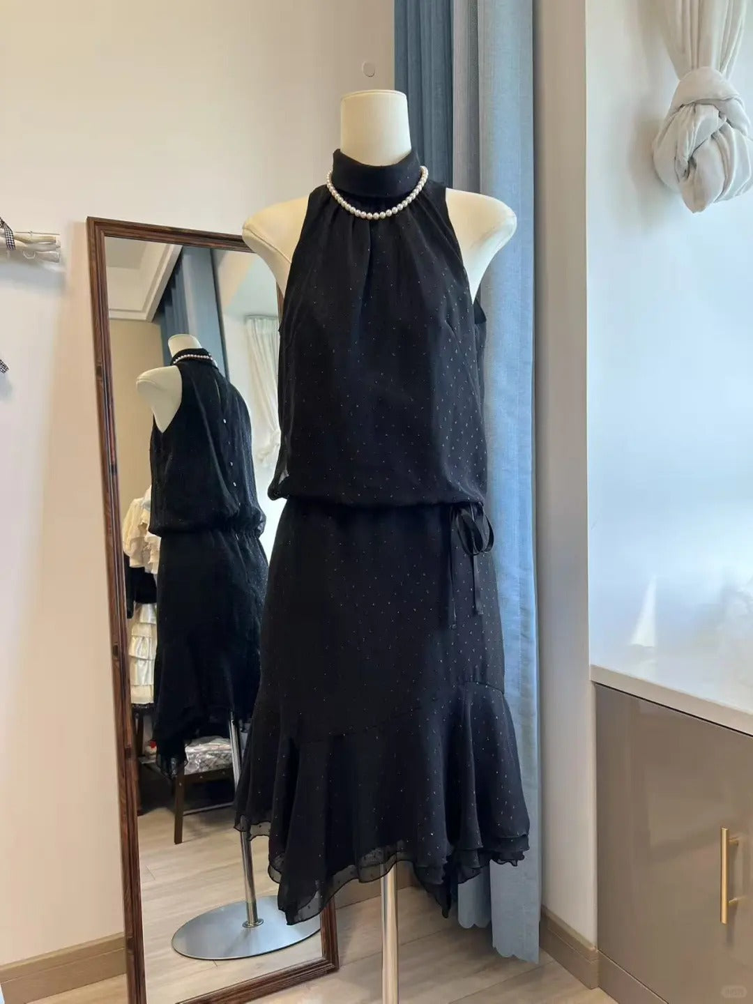 Schwarzes Vintage-Kurz-Chiffon-Kleid mit Hosenträgern, Geburtstagspartykleid, NV5102