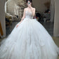 Dreamy Princess Style Strapless Sleeveless Wedding Gown | White Tulle 3D Flower Ballgown Train Maxi Dress for Wedding Bridal Engagement Luxury Dinner NV6275