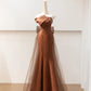 Brown Satin Elegant Long Mermaid Tulle Prom Dress Evening Dress Party Dress nv4752