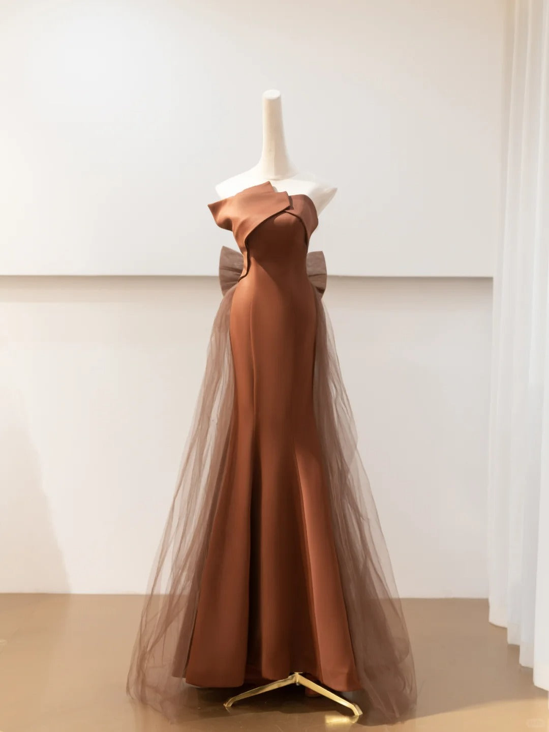 Brown Satin Elegant Long Mermaid Tulle Prom Dress Evening Dress Party Dress nv4752