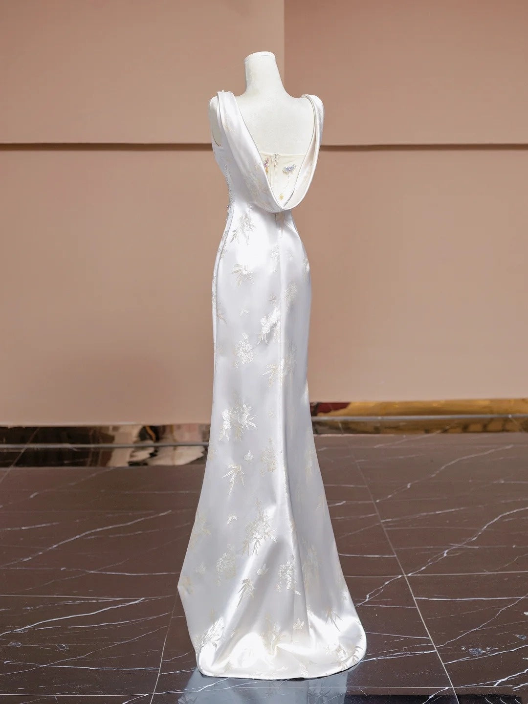 White floral elegant long satin party dress prom dress evening gown nv4542