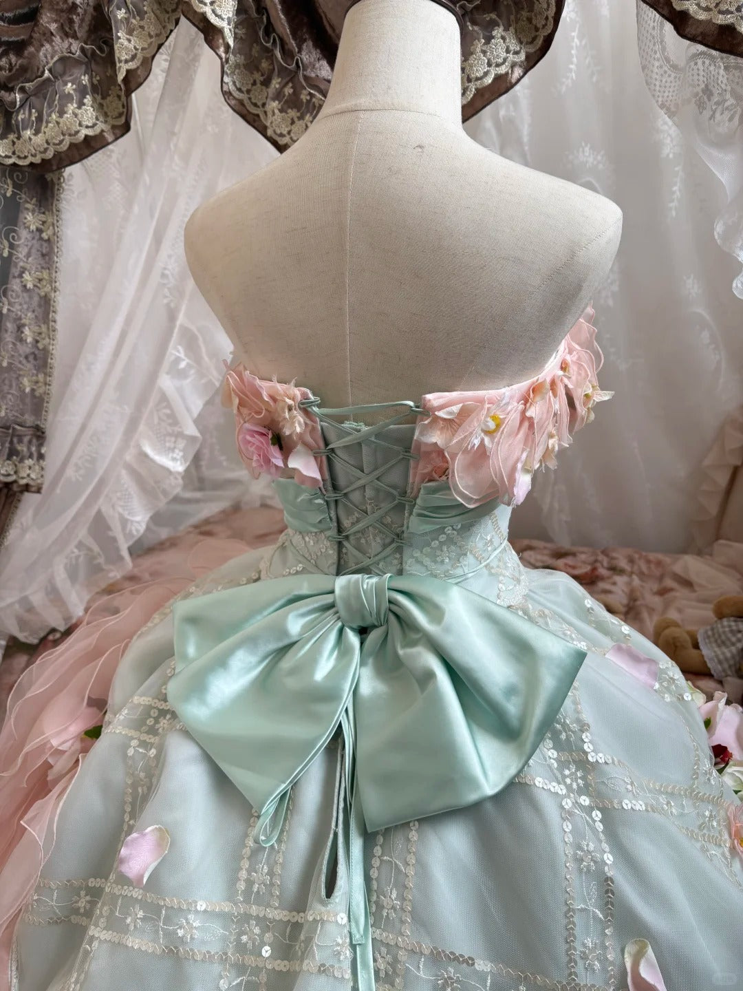 Rosa, bodenlanges Ballkleid aus Tüll mit Blumenmuster, nv5172