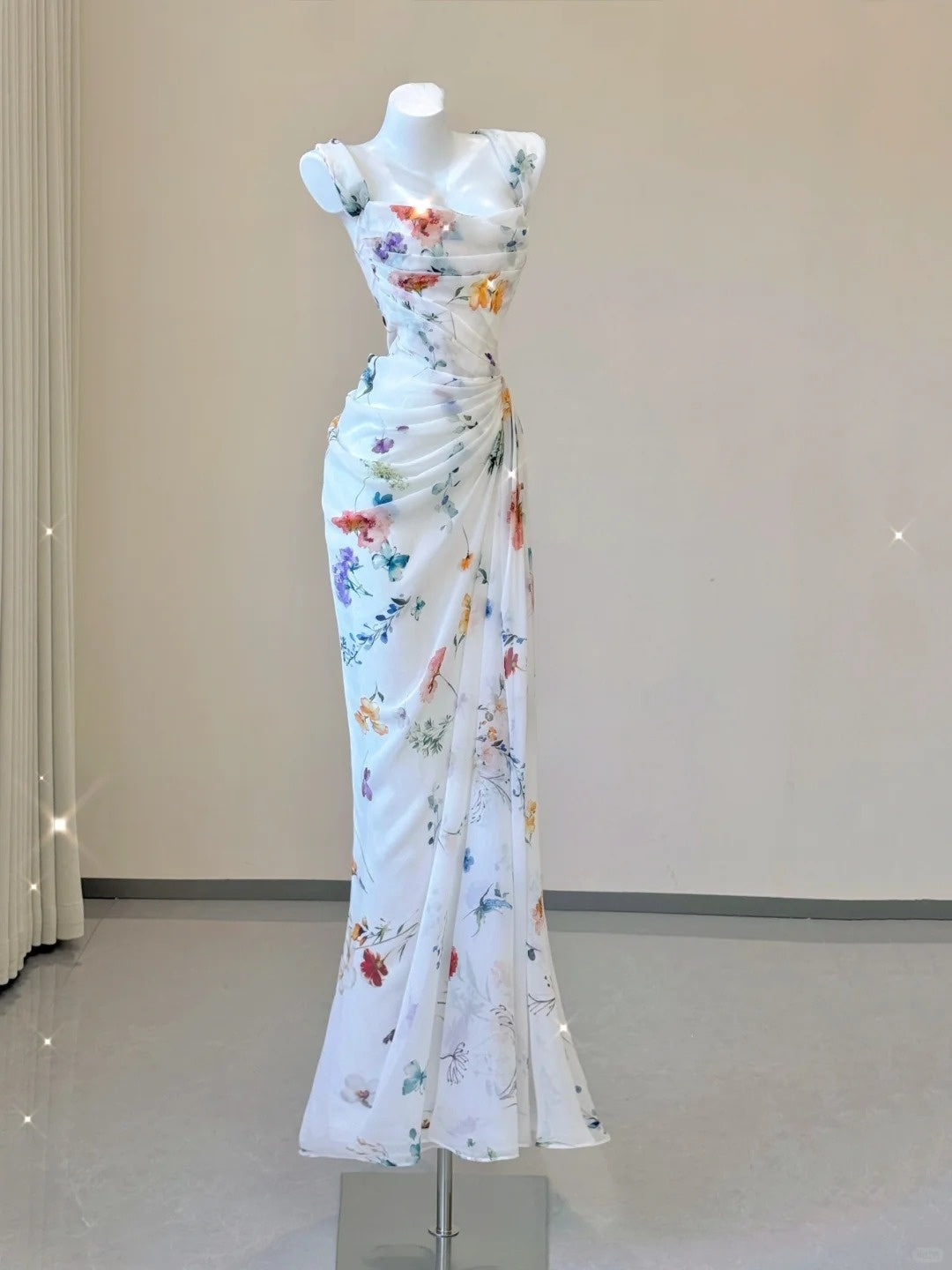 White Floral Elegant Sweet Sophisticated Long Chiffon Ball Gown Evening Dress Party Dress nv4145