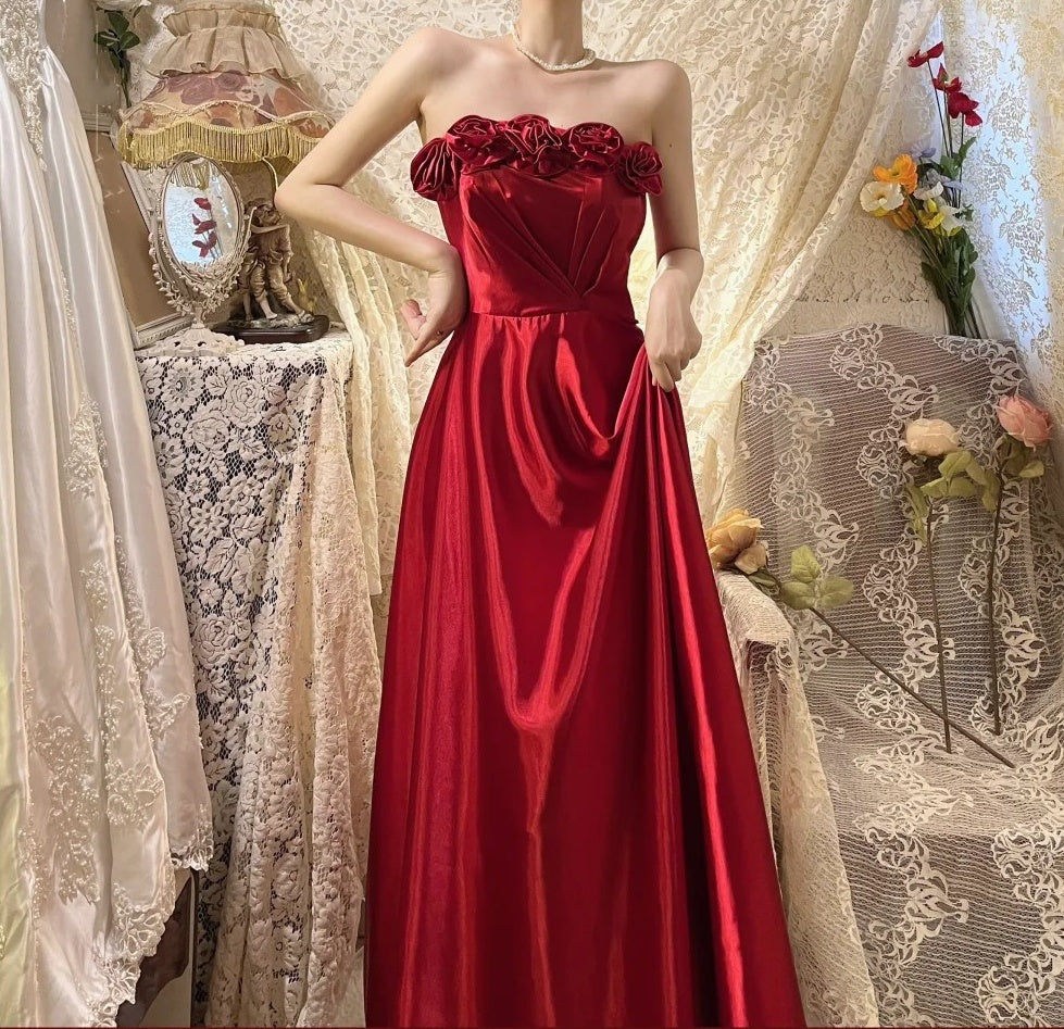 Red delicate floral long elegant satin ball gown evening dress nv4317