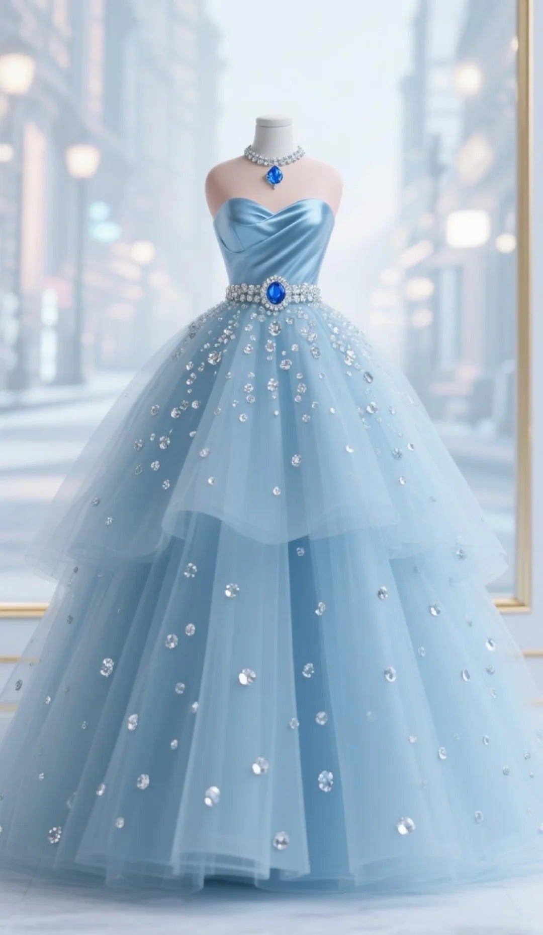 Robe de soirée longue en tulle bleu brillant et élégant avec strass, style princesse, nv4431