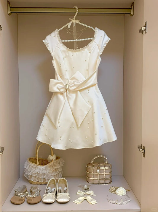 White Beaded Fashion Short Satin Homecoming Dress Birthday Party Dress nv5314