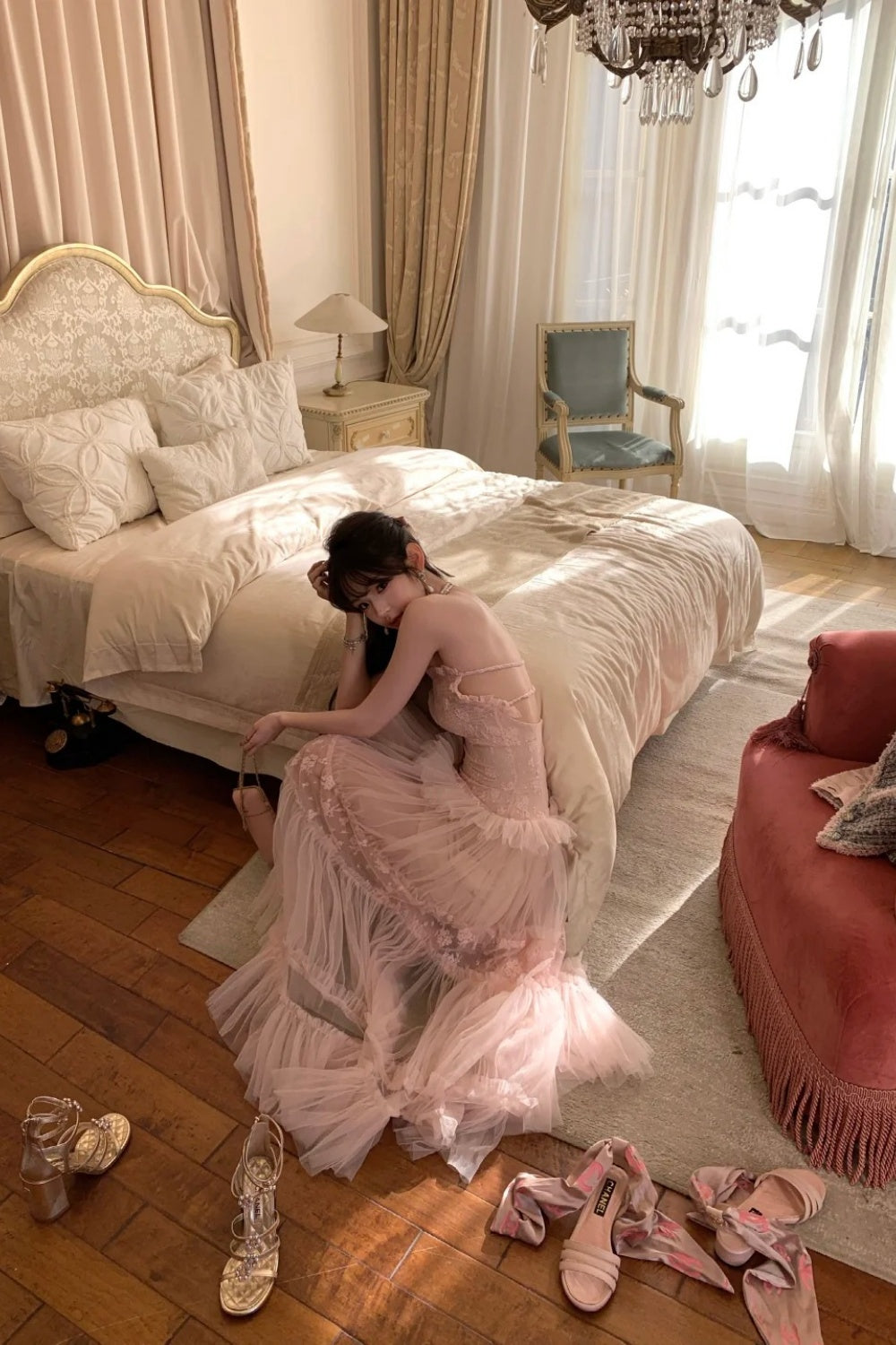 Pink long chiffon evening gown NV6745