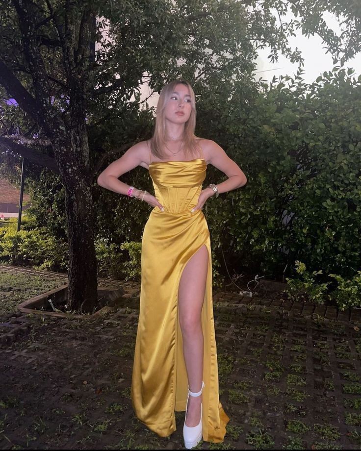 Yellow stylish charming spaghetti straps long slit ball gown evening dress party dress nv2487