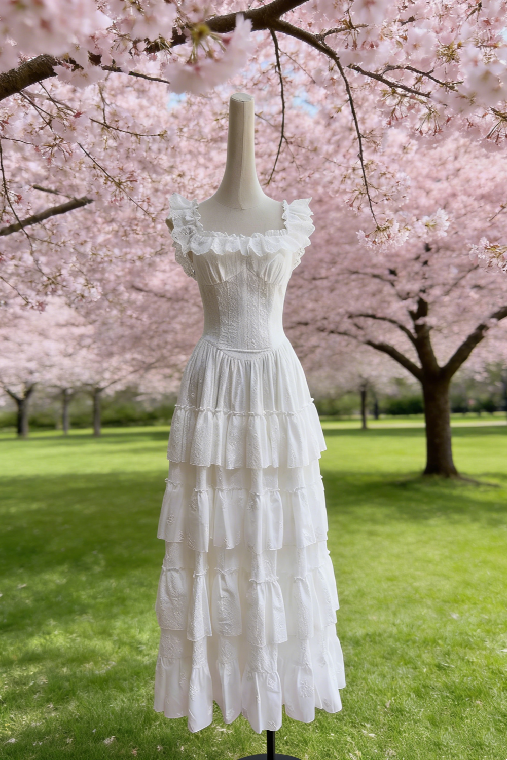 White Lace Flutter Sleeve Multi-Layer A-Line Maxi Dress - Gentle Style Date & Afternoon Tea Gown  NV6784