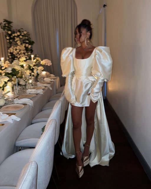 Robe de soirée élégante en satin à manches bouffantes et à traîne, style vintage, robe de soirée, robe de mariée, nv3295