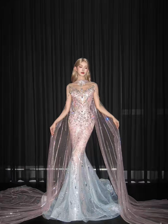 High Neck Ombre Mermaid Prom Dress, Beaded Tulle Cape Evening Gown  NV7110