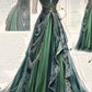 Grünes Vintage Elegante Spitze Exquisite Perlenbesatz A-Linie Spaghettiträger Tüll Satin Langes Ballkleid Abendkleid nv3766