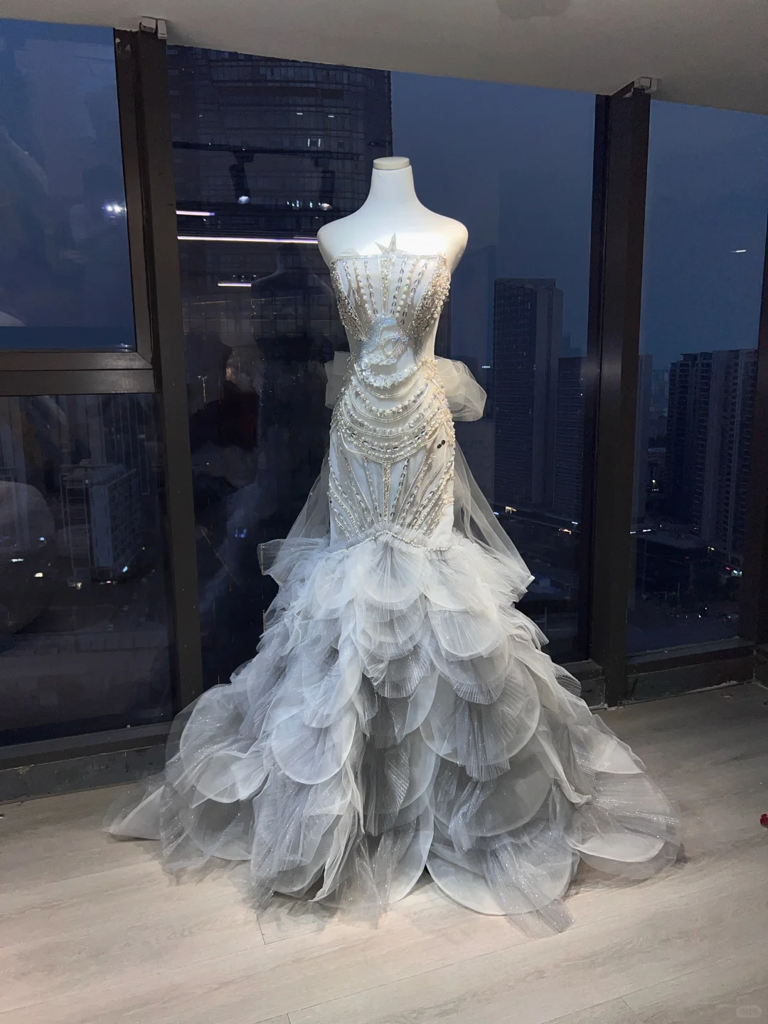Strapless Silver White Mermaid Gown Hand Beaded Rhinestone Tiered Petal Glitter Tulle Prom Dress  NV7027