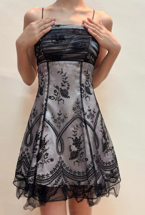 Robe de soirée courte en mousseline de soie à bretelles spaghetti, grise et noire, chic et florale, nv4346