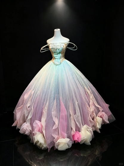 Ombre Macaron Tulle Prom Dress Spaghetti Strap Corset 3D Petal Princess Ball Gown  NV6989