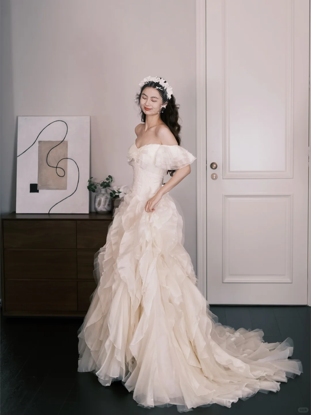 Sweetheart Off Shoulder Ruffle Tulle Bridal Gown, A Line Wedding Dress  NV7294