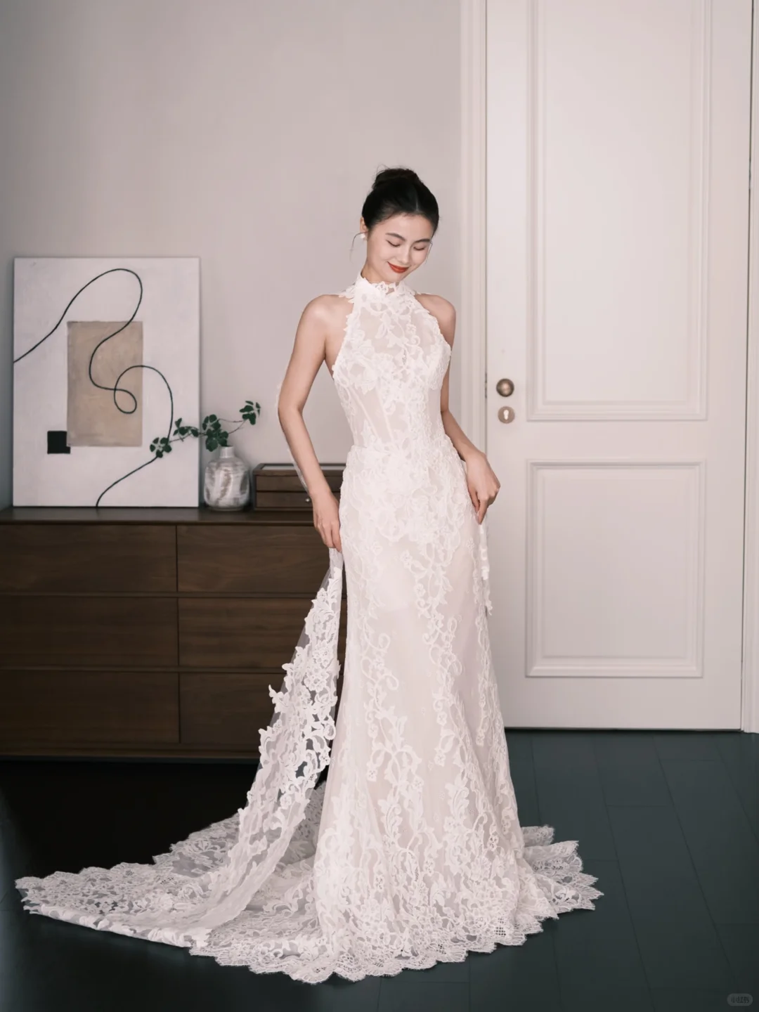 White Halter High Neck Lace Mermaid Wedding Dress  NV7229