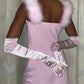 Pink Fashion Furry Strap Midi Satin Homecoming Dress Christmas Holiday Party Dress nv3119