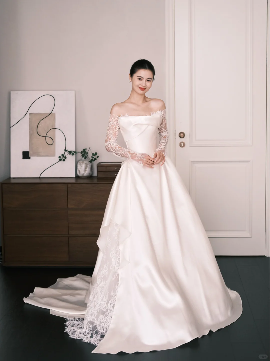 Off The Shoulder Satin Ballgown Wedding Dress Detachable Lace Sleeves Bridal Gown  NV7205